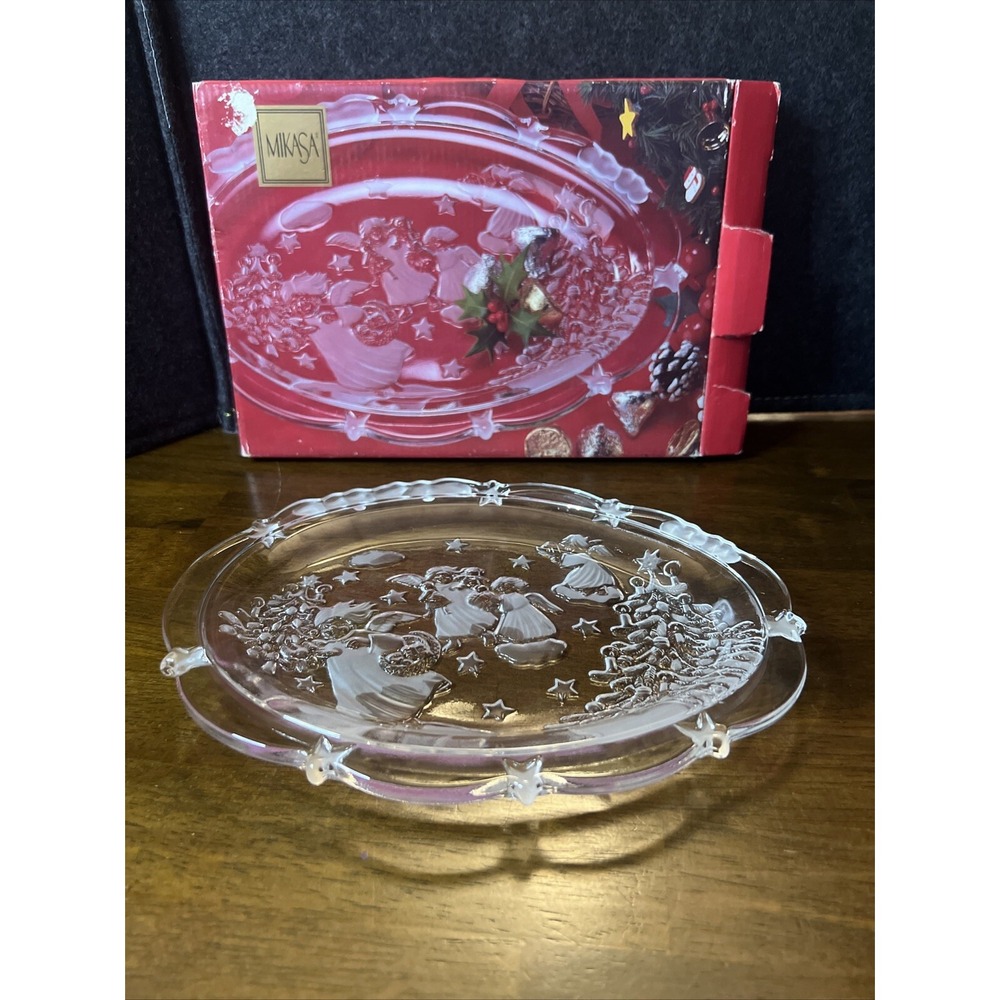 Vtg Mikasa Oval Sweet Dish Serving Platter Christmas, Angels Embossed‎ Crystal